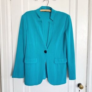 MISOOK • textured knit blazer jacket teal blue single button classic acrylic